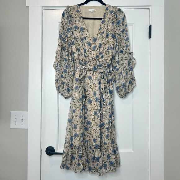Anthropologie Moon River Blue Floral Midi Dress Tie Waist Ruffle Size Small - Picture 1 of 6